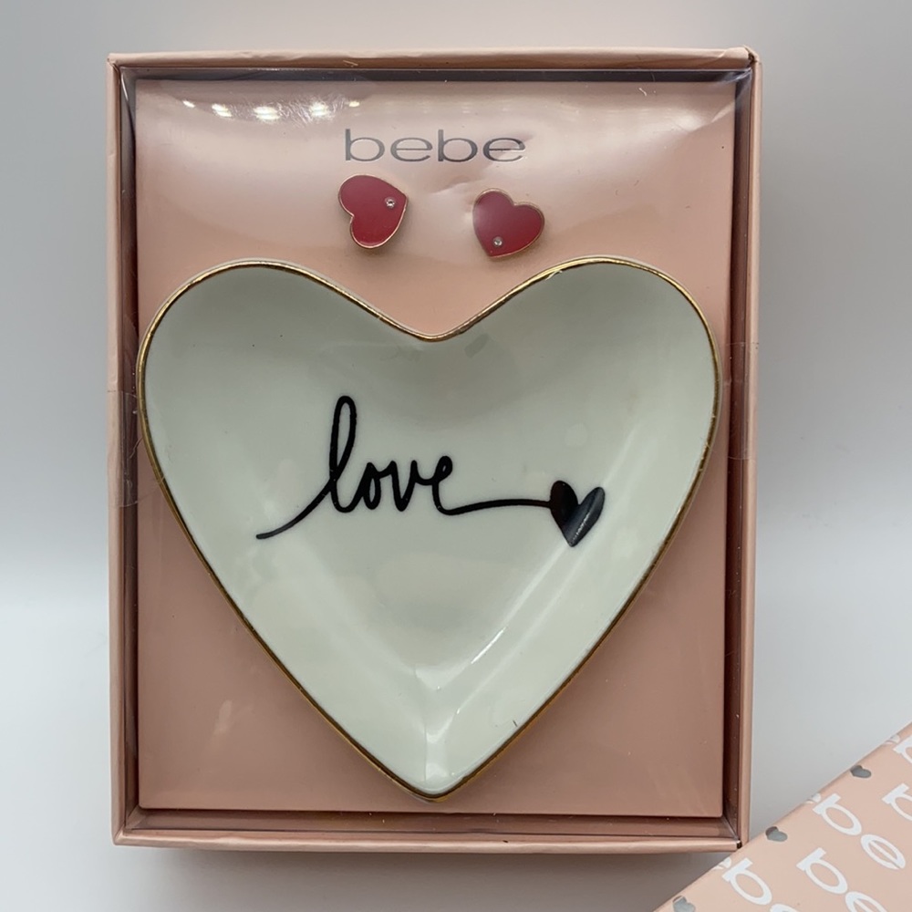 Bebe Heart earrings and a heart shape container